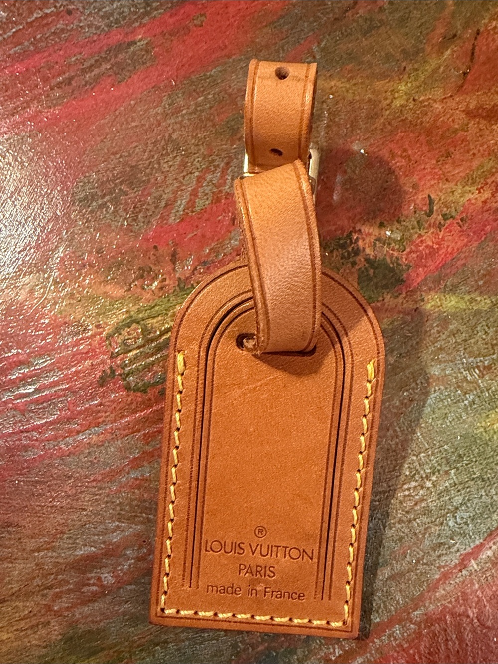 Louis Vuitton Brown Leather Luggage Tag with Yellow Stitching Small